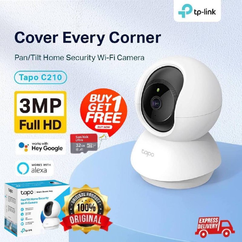 TP-LINK Tapo C210 3MP Pan & Tilt Home Security Wifi Camera FREE SD CARD ...