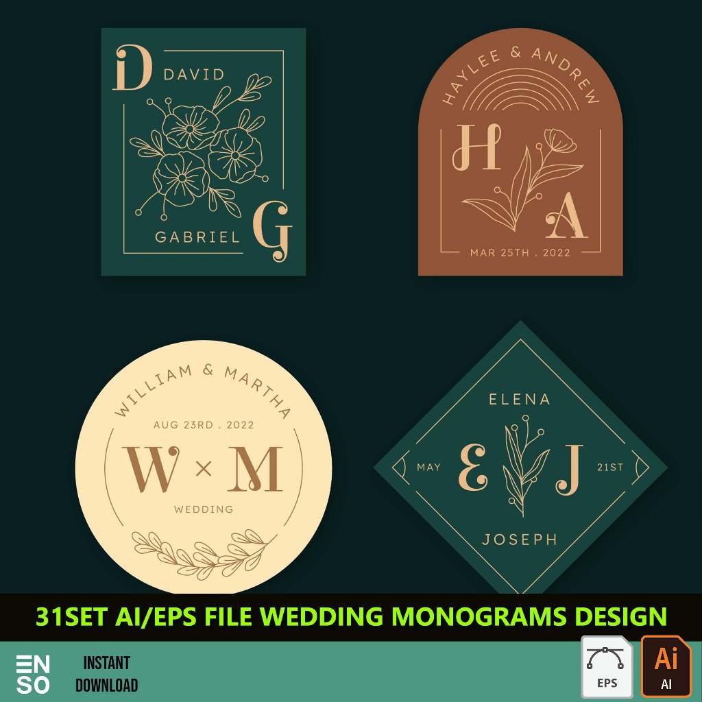 31-Set AI/EPS FILE Wedding Monogram Design Template | Adobe Illustrator ...