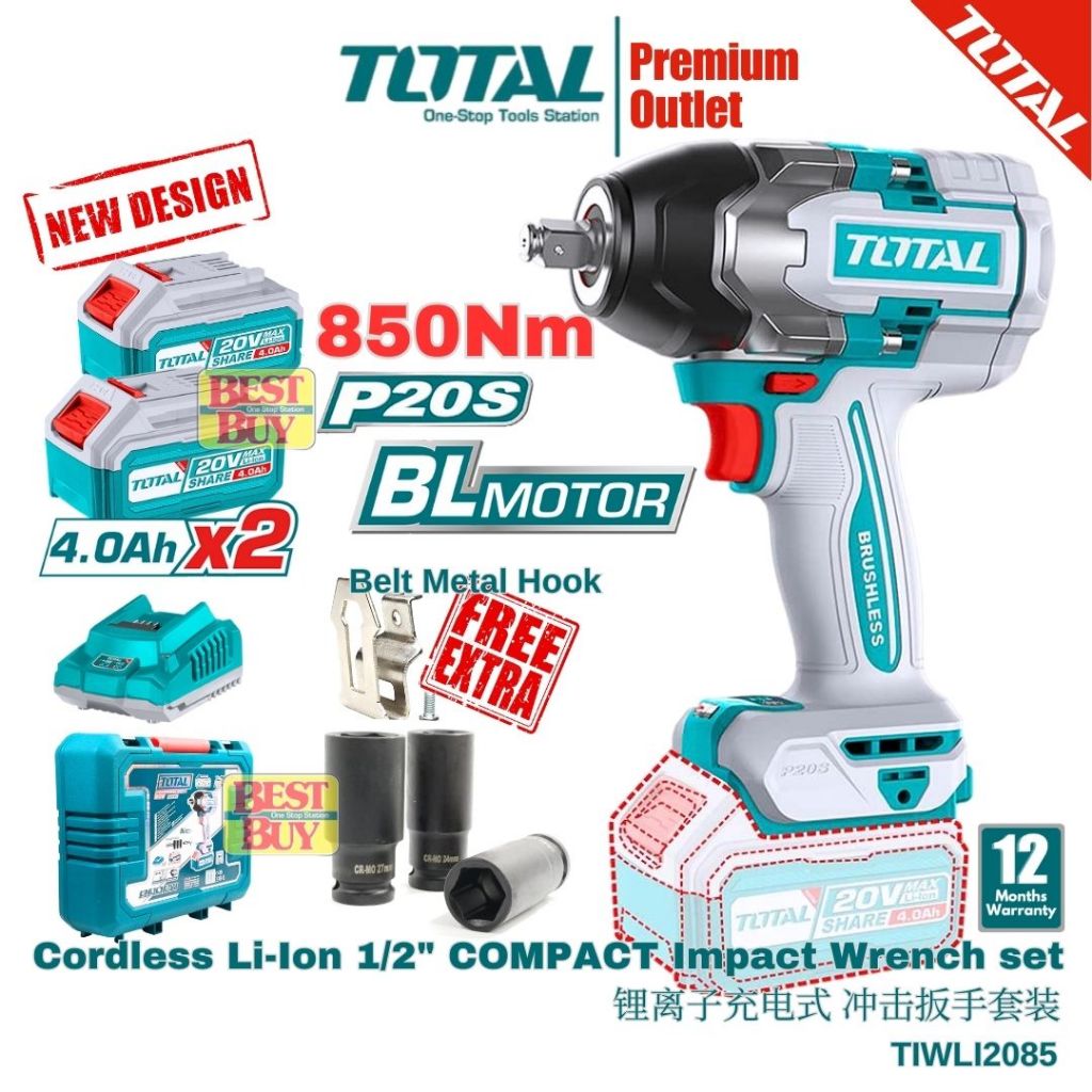 TOTAL Tools P20s 20V series Cordless 850Nm BL motor Impact Wrench ...