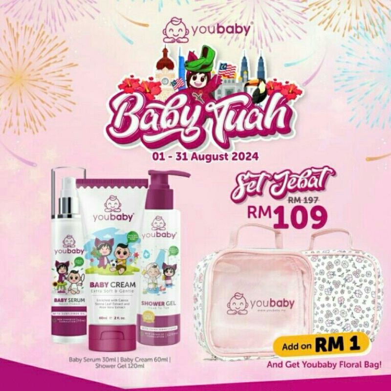 YOUBABY MERDEKA 2024 SET JEBAT, FLORAL BAG BABY CREAM SERUM SHOWER GEL ...