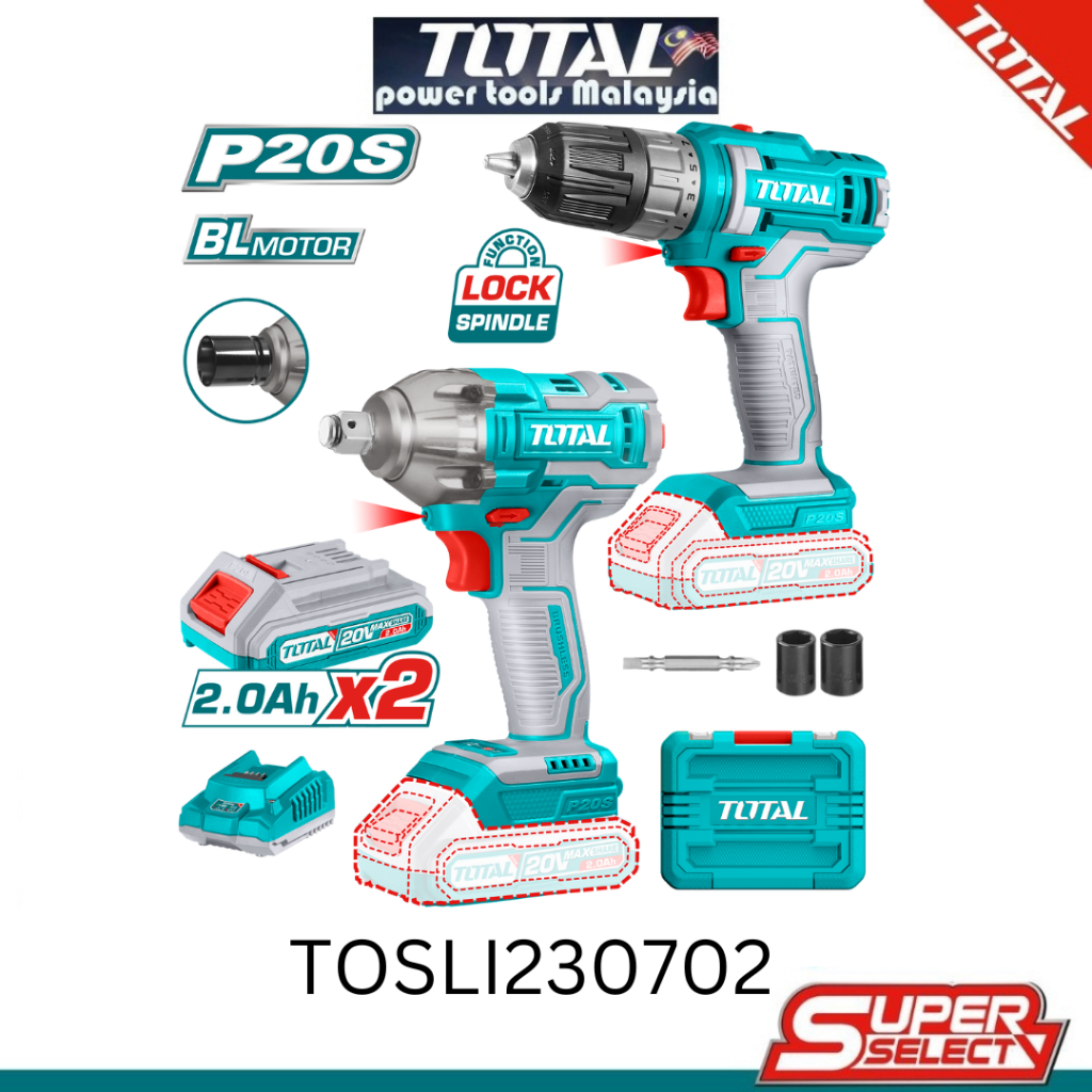Total 2pcs Li-ion Cordless Drill + Impact Wrench Combo Set TOSLI230702 ...