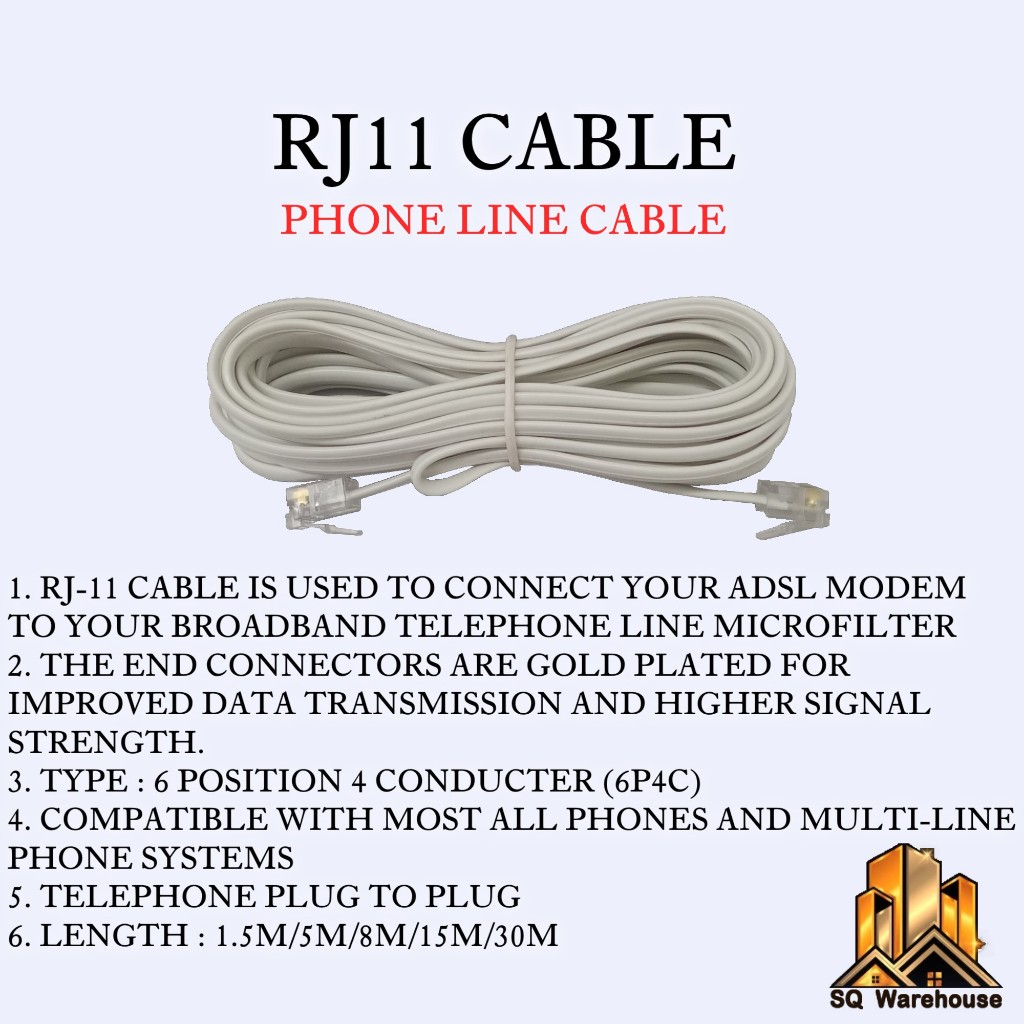 1.5M / 5M/ 8M / 15M / 30M Telephone Line Cord Cable 6P4C RJ11 ADSL ...