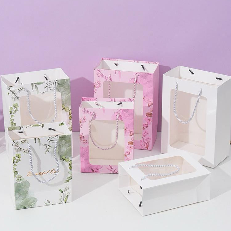 Thick Floral Paper Door Gift Bag with Transparent Window Flower Bouquet ...