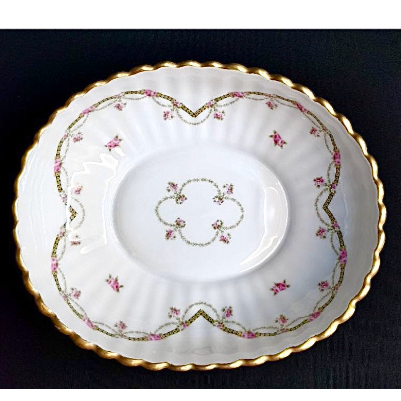 Atelier du Tabalou Limoges 🇨🇵 20cm Made in France Pink Flowers Scalloped  Oval Bowl