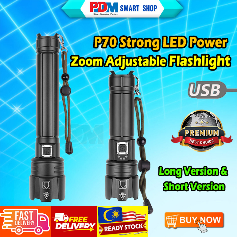 PDM Premium LED Torch Light USB Chargeable P70 Adjustable LED Strong ...