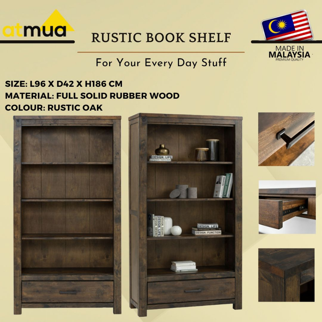 Atmua Furniture Rustic Book Shelf Display Cabinet Full Solid Rubber ...