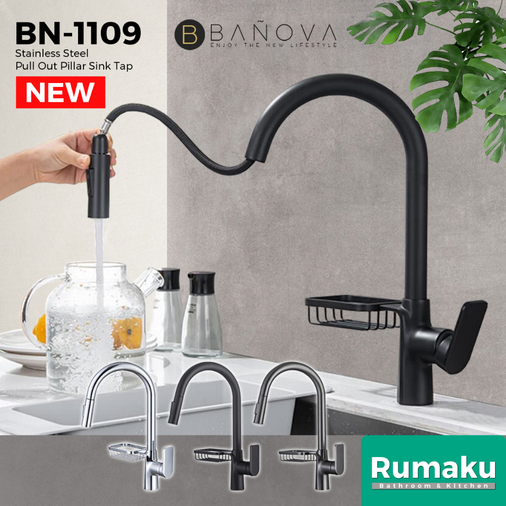BANOVA SUS 304 Stainless Steel Pull Out Mixer Pillar Kitchen Sink Tap ...