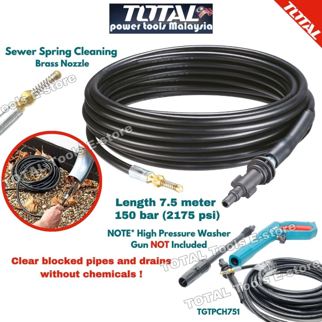 TOTAL 7.5m Drain Sewer Pipe Cleaning Hose & Nozzle / Pipe Cleaning Hose