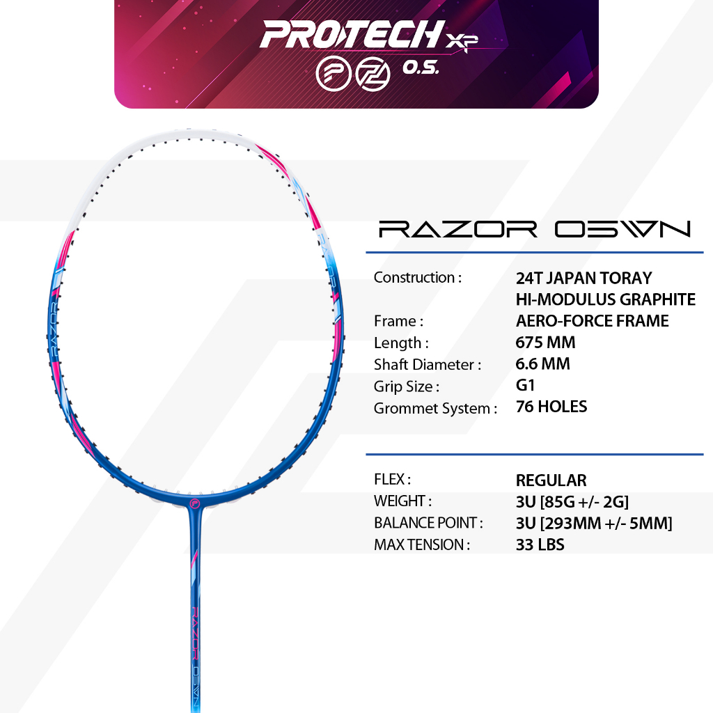 PROTECH Badminton Racket - RAZOR 05WN (3UG1)(MAX 33LBS)(FREE String ...