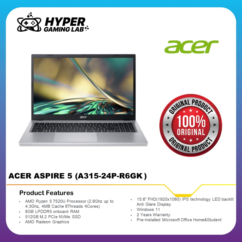 Acer Aspire 3 Laptop (A315-24P-R6GK) AMD RYZEN 5 7520U AMD RADEON ...