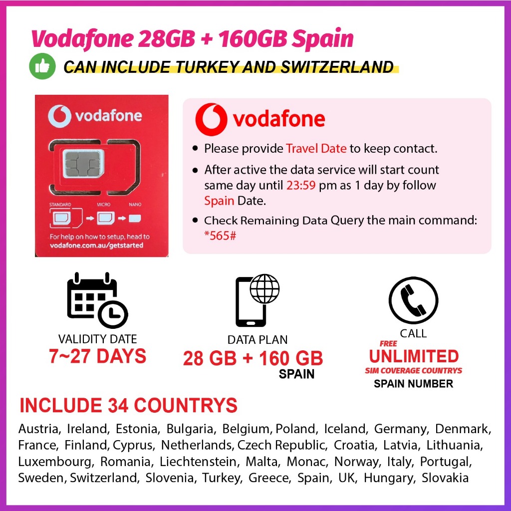 【UK EUROPE】【25 Days 6/8/11/16/22GB 】Vodafone Sim Card Europe Turkey Switzerland UK Travel