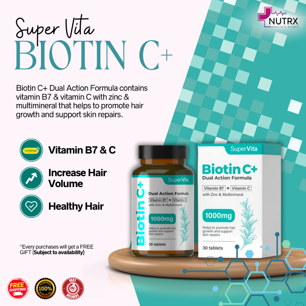 Super Vita Biotin C+ Dual Action Formula Vitamin B7 Vitamin C with Zinc ...