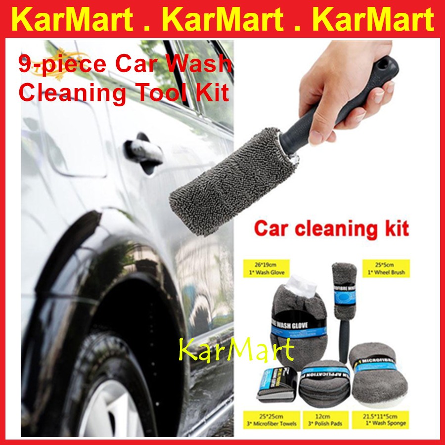 9 PCS Car Cleaning Set Car Washing Tool Wash Mitt Sponge Rim Brush Wax