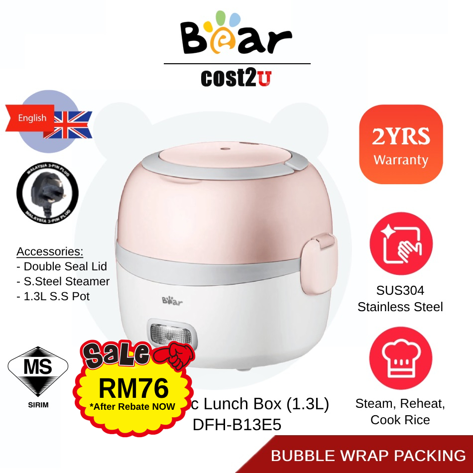 Bear Stainless Steel Lunch Box & Rice Cooker Function 1.3L DFHB13E5 (Multi Cooker HotPot Food