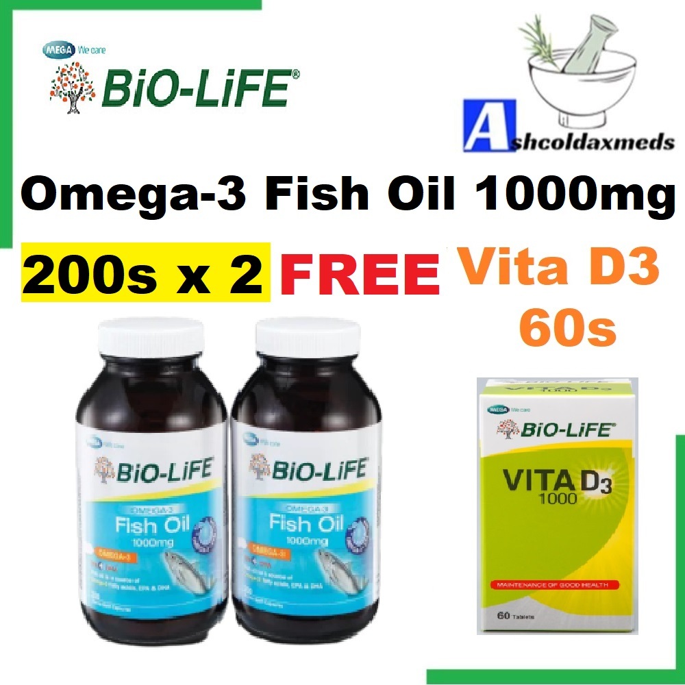 Biolife Omega3 Fish Oil 1000mg 200S or 2X200S+FREE VITA D3 EXP07/2024