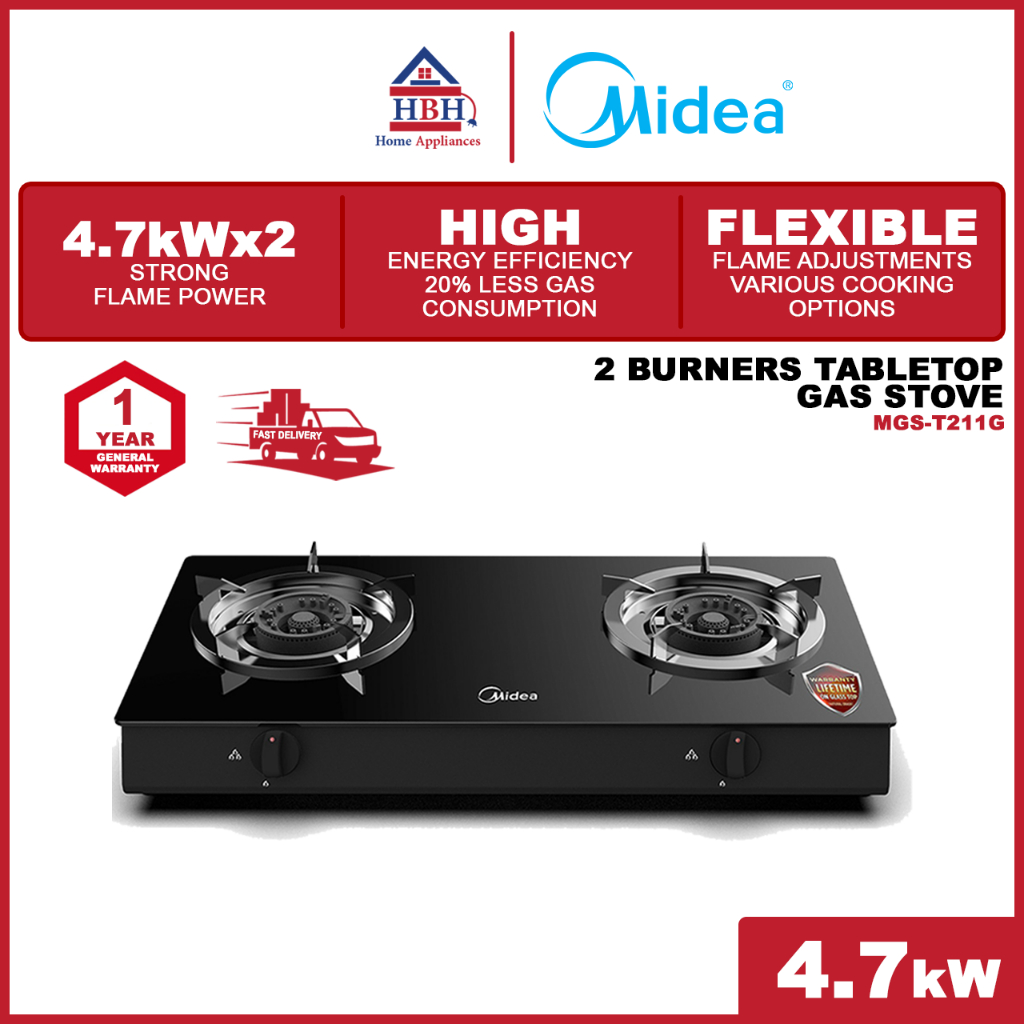 Midea MGST211G 4.7kWx2 2 Burner Tabletop Glass Gas Cooker Stove T211G