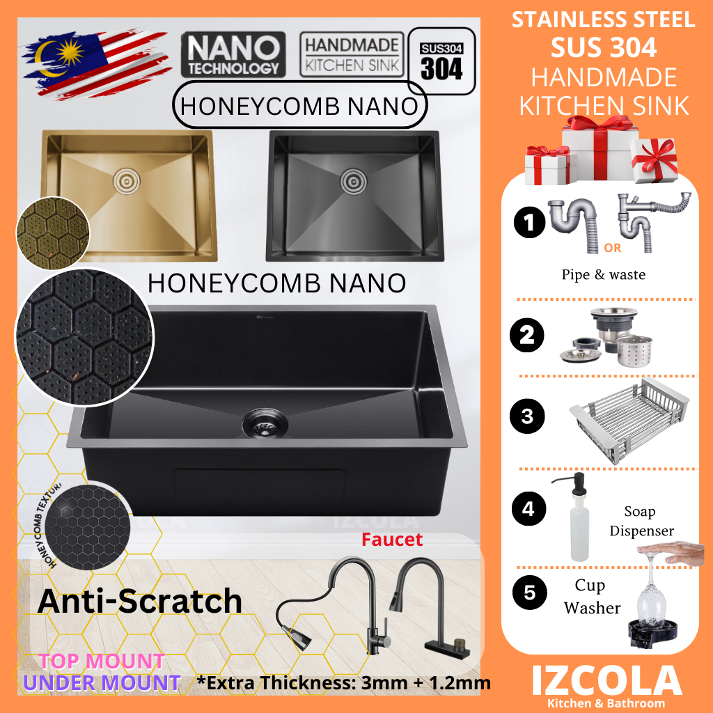 Sink Nano Honeycomb Sus Stainless Steel Handmade Undermount Topmount Nano Kitchen Sink