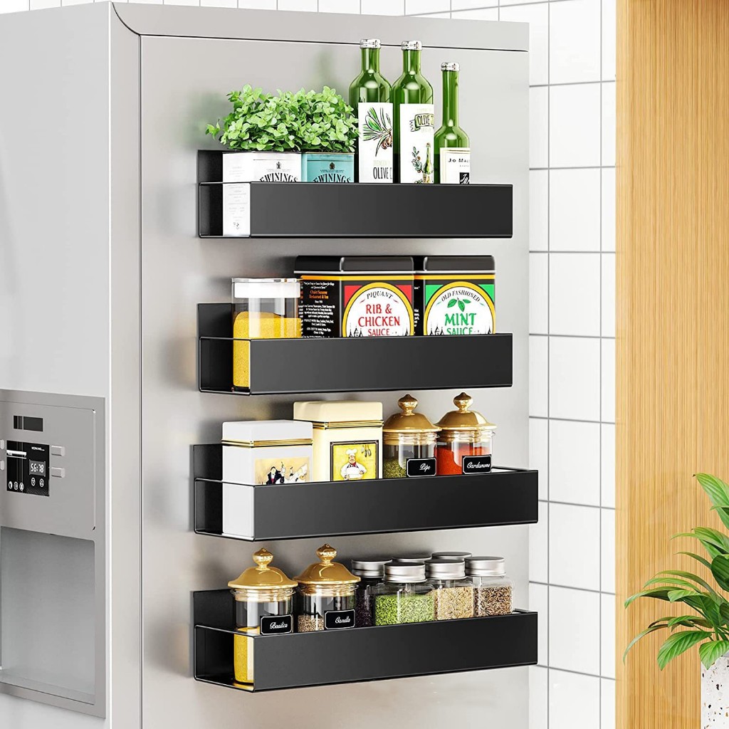2pcs Moveable Fridge Magnetic Spice Racks, Metal Black Magnetic Storage ...