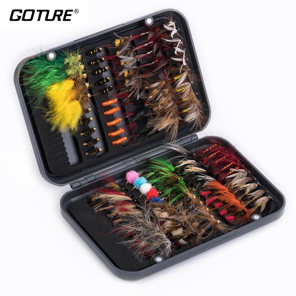 Goture 76/100pcs Fly Fishing Lures Set Wet Dry Streamer Nymph Flies