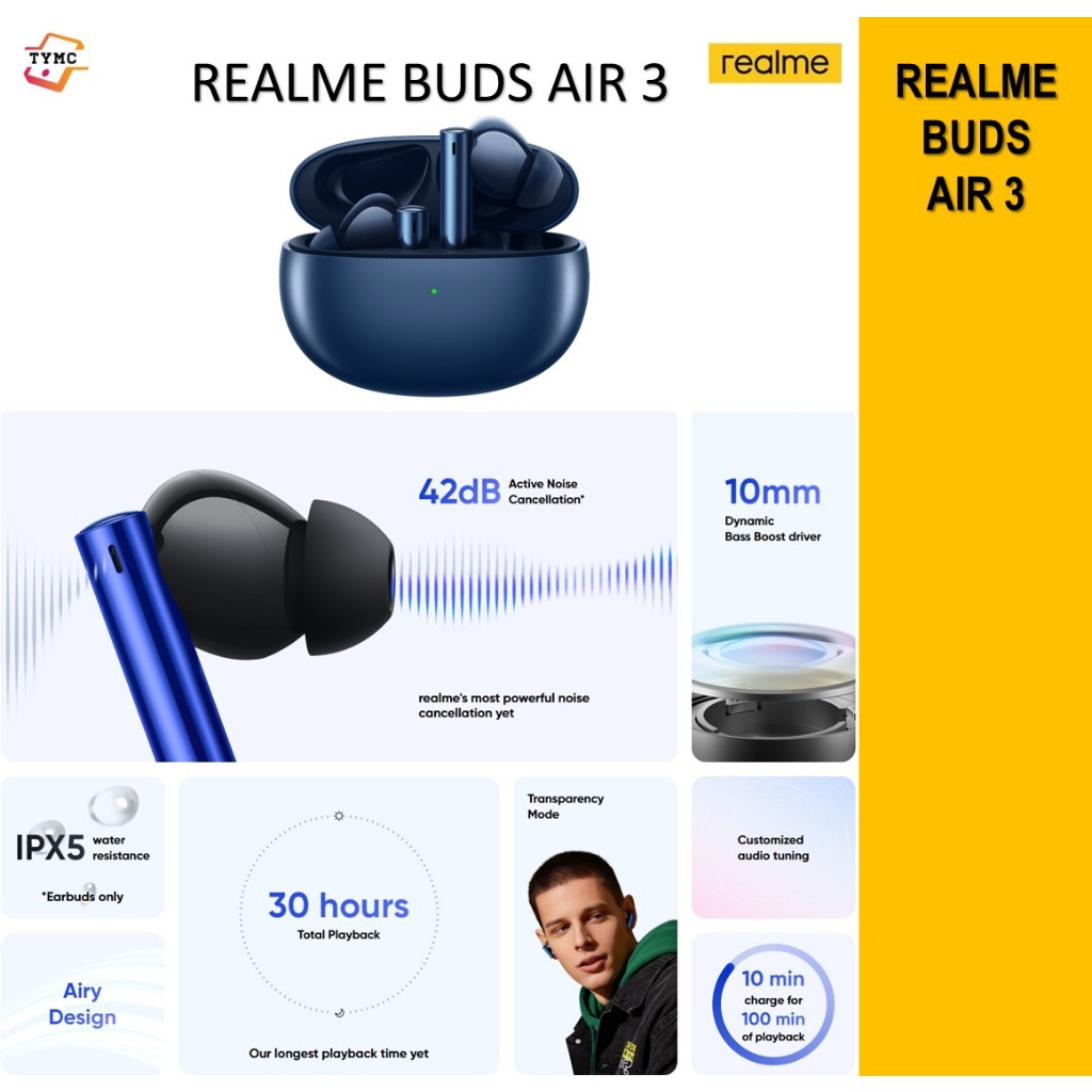 realme Buds Air 3 earphone Wireless Headphones 42dB Active Noise 10mm ...