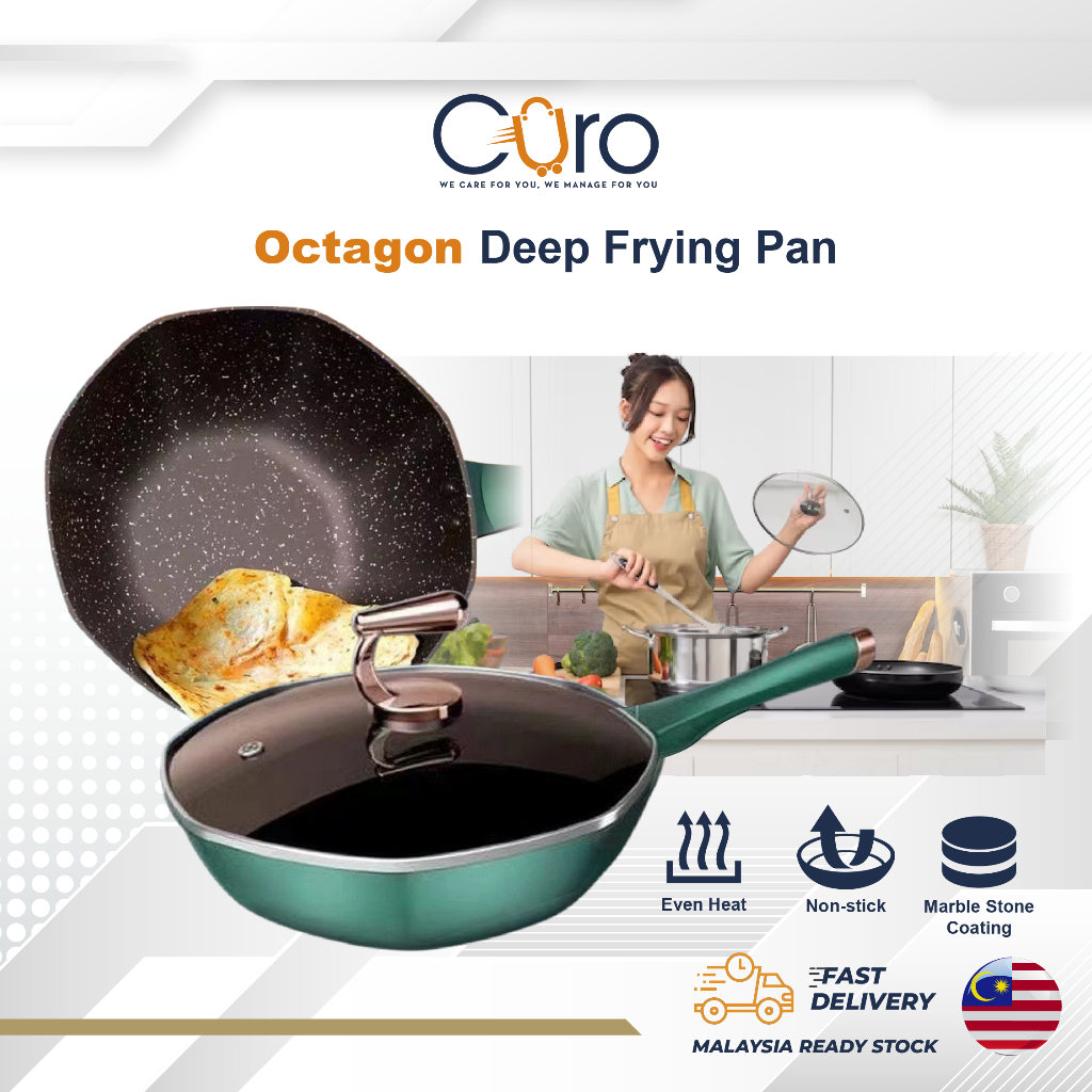CURO Octagon Deep Frying Pan Non Stick wok With Lid StirFry Pans NO