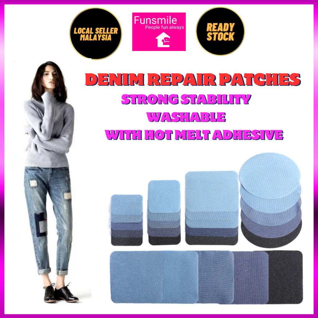 FUNSMILE (5pcs) Denim Iron-on Repair Patches Tampal Jeans Sticker Tampal  Baju Seluar Pants Repair Jeans Sticker