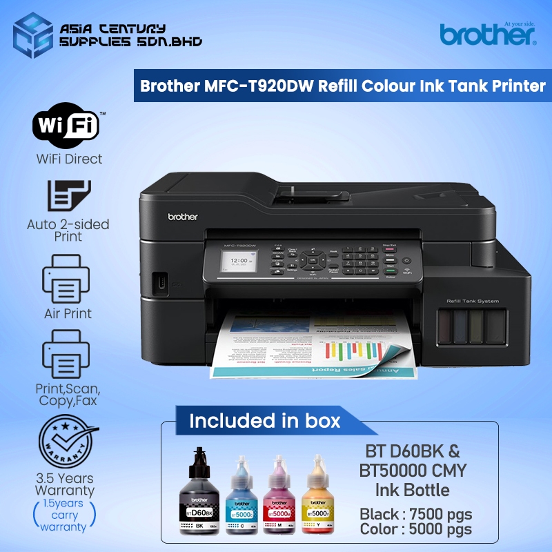 Brother Printer Inkjet MFC-T920DW A4 Refill Ink Tank Printer/Print Scan ...