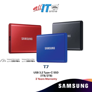 Samsung T7 USB 3.2 Type-C Gen 2 10Gbps External Portable SSD (1TB/2TB) - Blue/Grey/Red