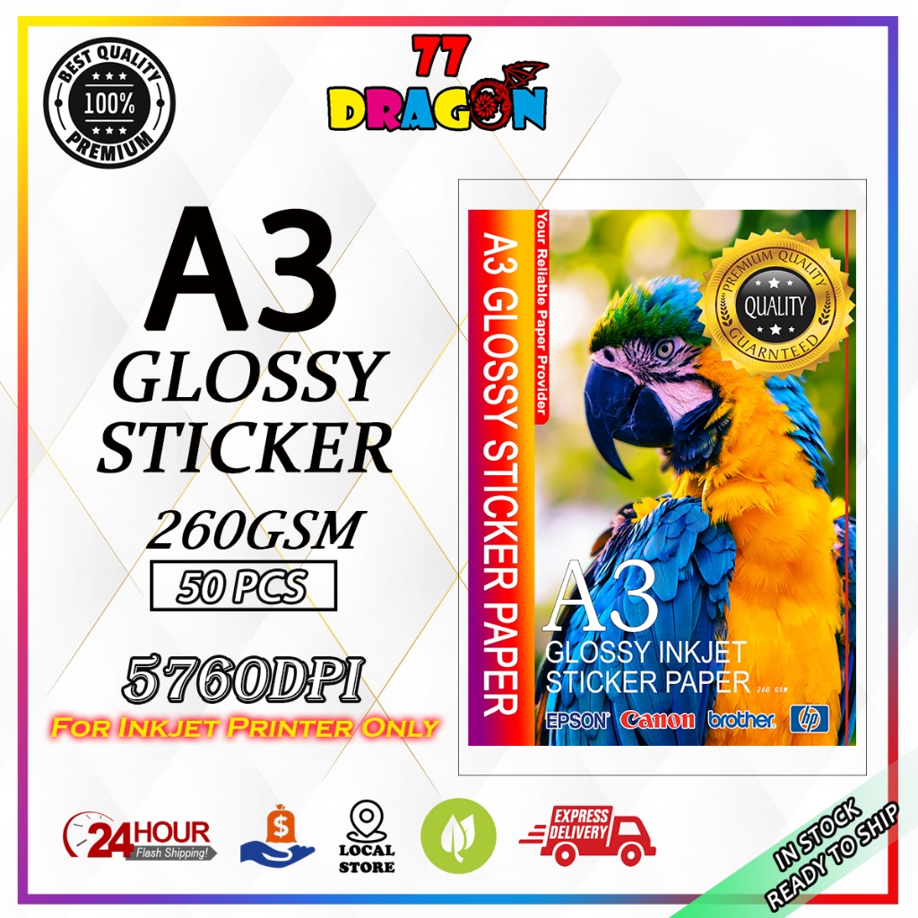 A3 GLOSSY STICKER PAPER 50PCS/PKT (260GSM) - BUY 5 PACKS FREE 4R PHOTO ...