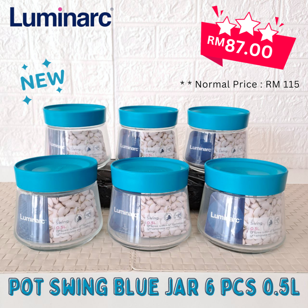 LUMINARC POT SWING BLUE STORAGE JAR 6PCS 0.5L / BEKAS KUIH RAYA ...