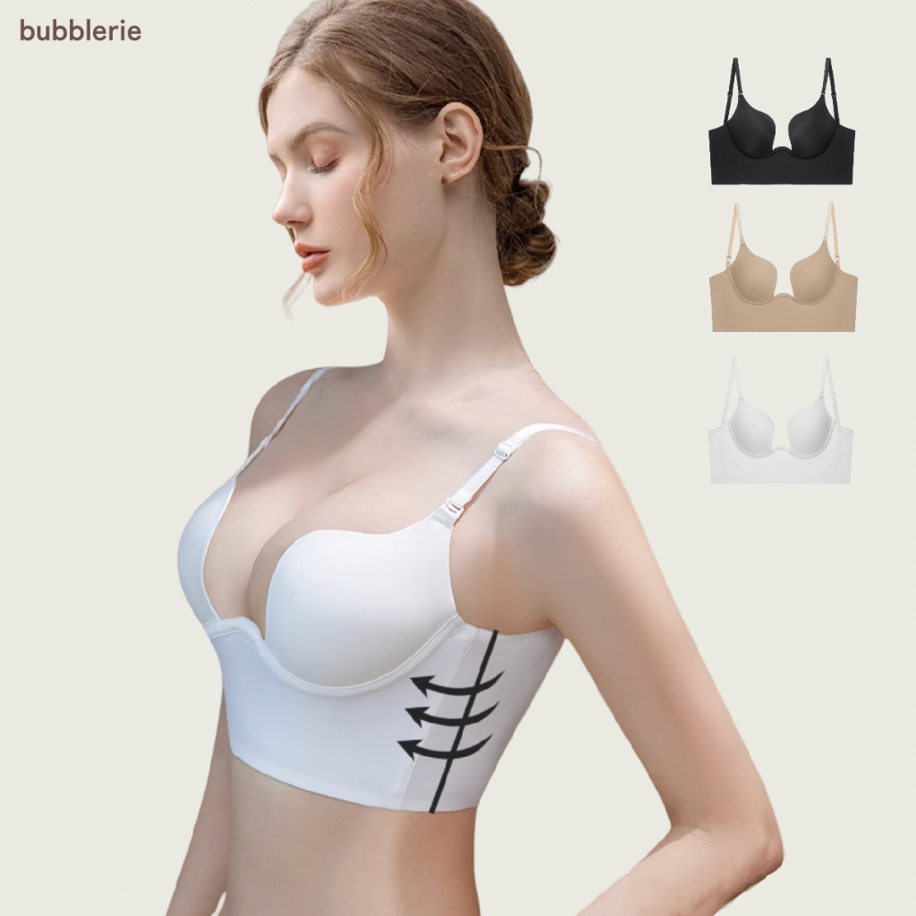 🇲🇾[Backless] Bubblerie Push Up Lower Back Deep V Women Bra Seamless With  Wire Underwear 无痕露背聚拢内衣