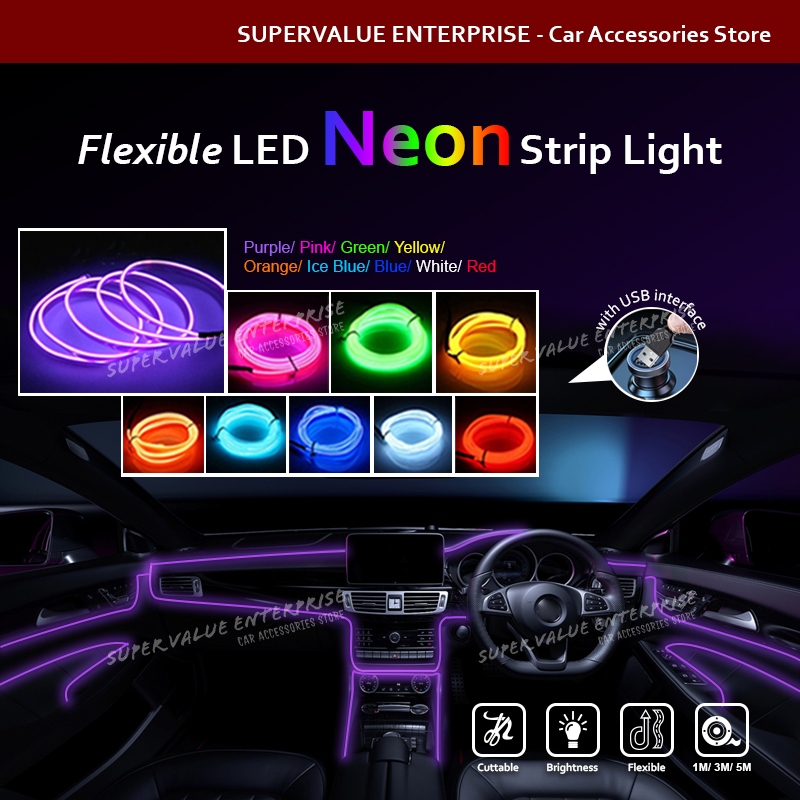1M/3M/5M Car Interior Lighting LED Strip Wire Rope Car Led Decorative ...