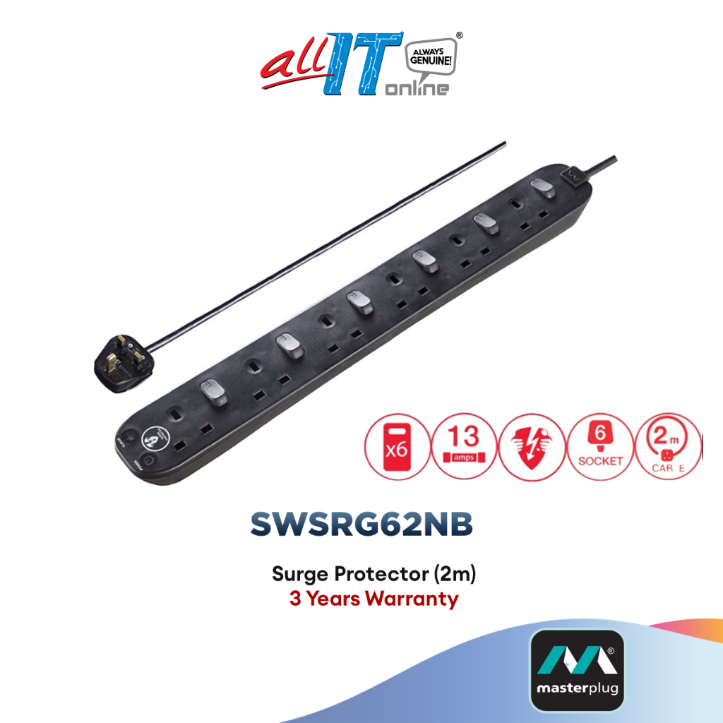 Masterplug Surge Protector 6 Gang 2 Meter Switched Extension Leads