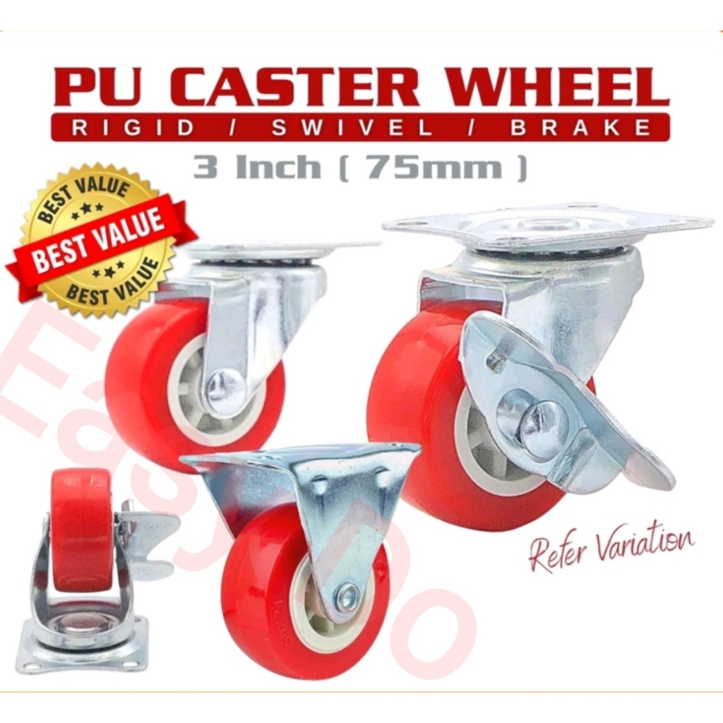 3 Inch 75mm Heavy Duty PU Plate Swivel Rigid Wheel With Brake Castor ...