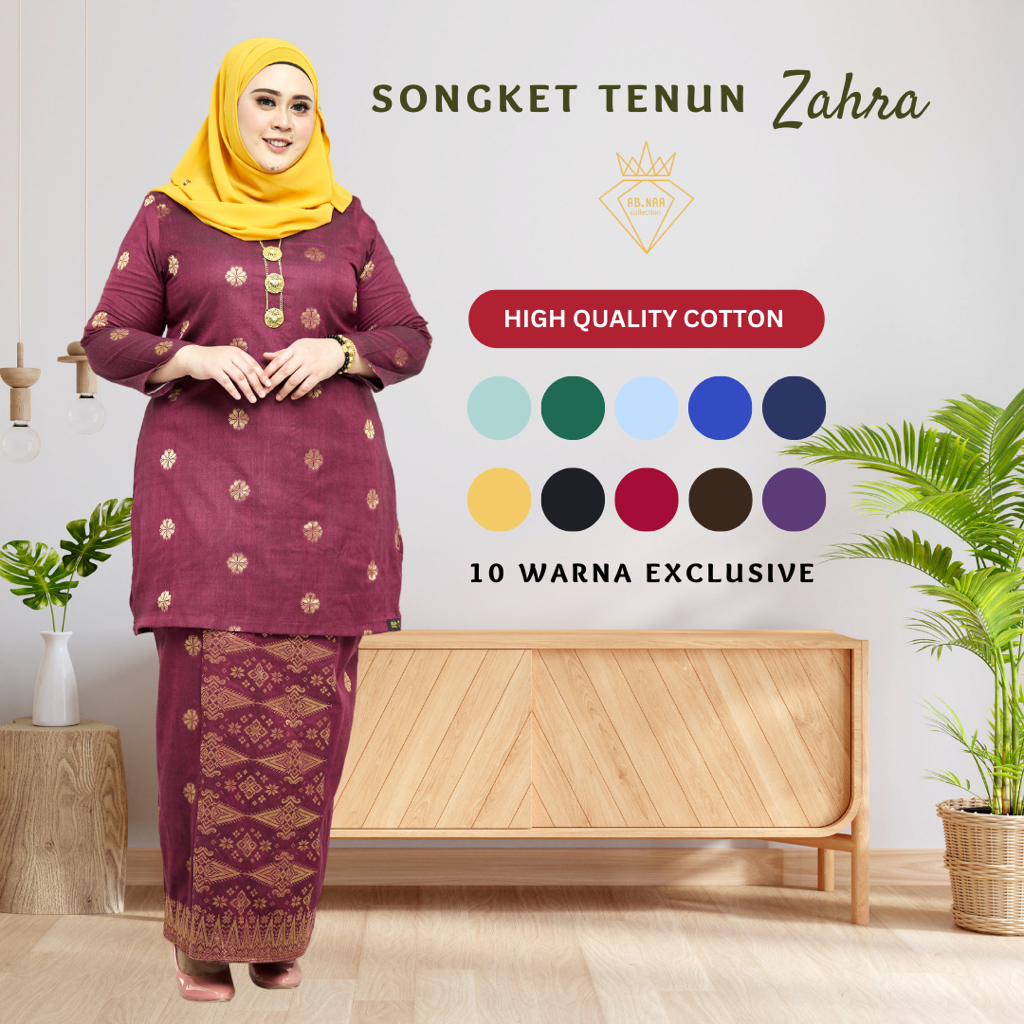 Baju Kurung Moden Songket Tenun Asli Cotton Bunga Tabur Raya 2024