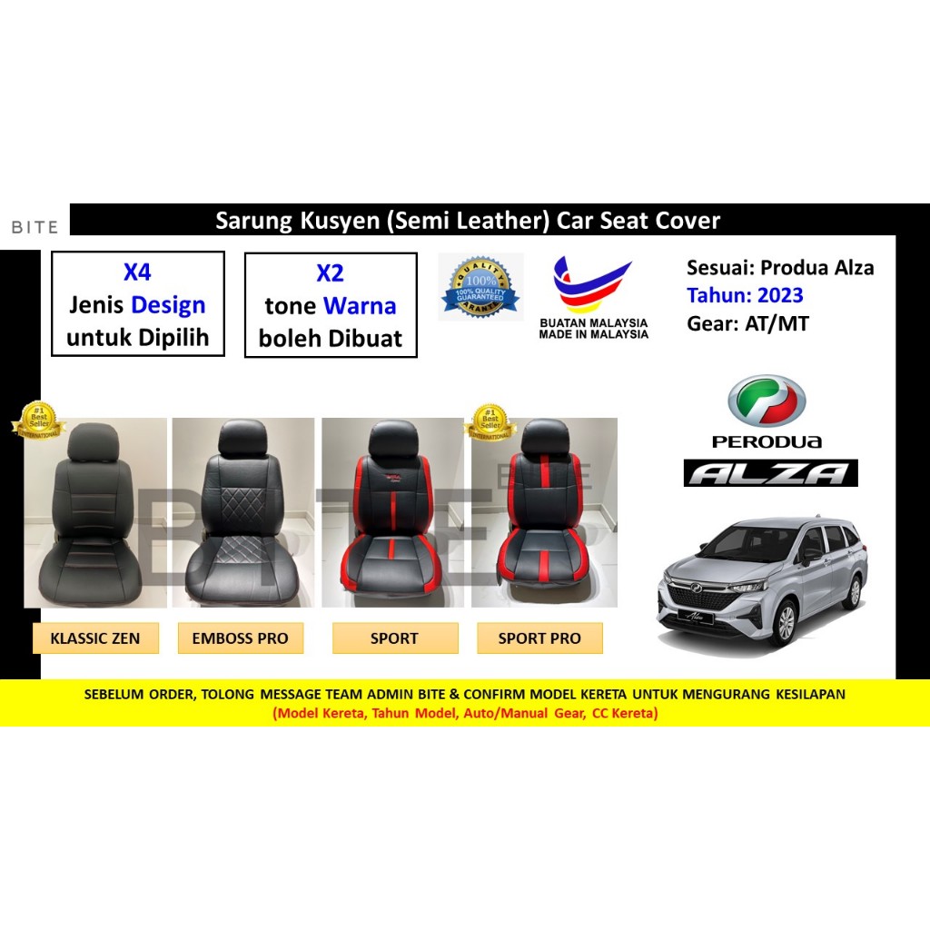 Perodua Alza 2023 Baru BITE - Semi Leather Car Seat Cover/Sarung Kusyen ...