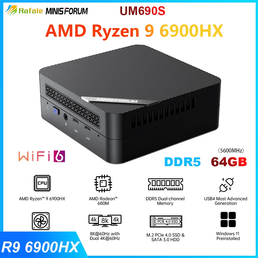 MINISFORUM UM690S Mini PC AMD Ryzen 9 6900HX Computer Windows 11 DDR5 32GB  512GB SSD Bluetooth WIFI6E 8K Gaming Mini PC