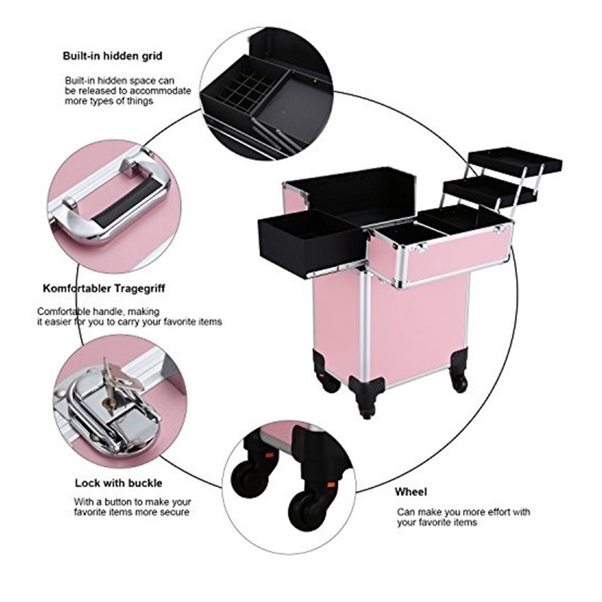 Makeup Artist Tool Box 4-Wheels Aluminium Trolley Beauty Suitcase Storage  Box