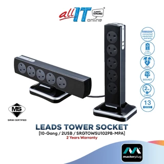 Masterplug Surge Protector 10 Gang 2 USB 2 Meter Extension Leads Tower (SRGTOWSU102PB-MPA)
