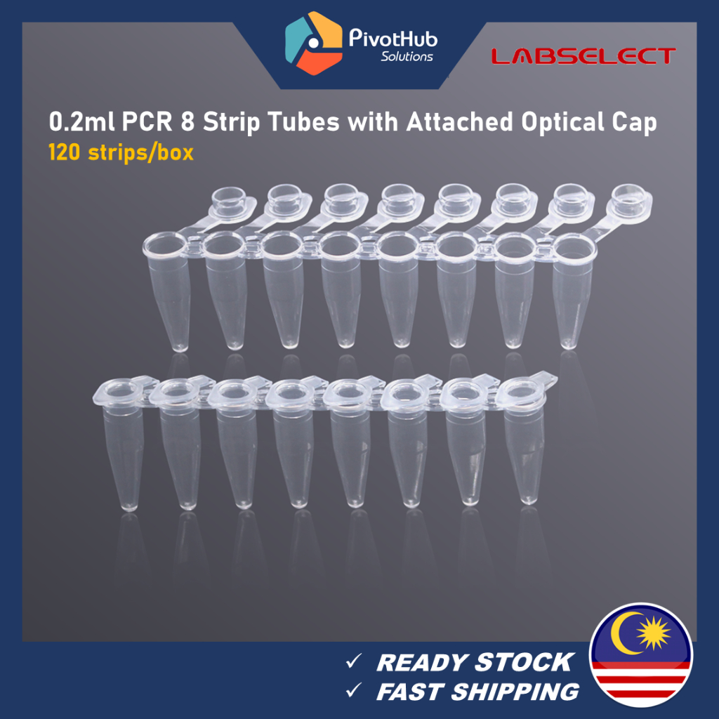 LABSELECT 0.2ml PCR 8 Strip Tubes with Attached Optical Flat Cap Clear ...