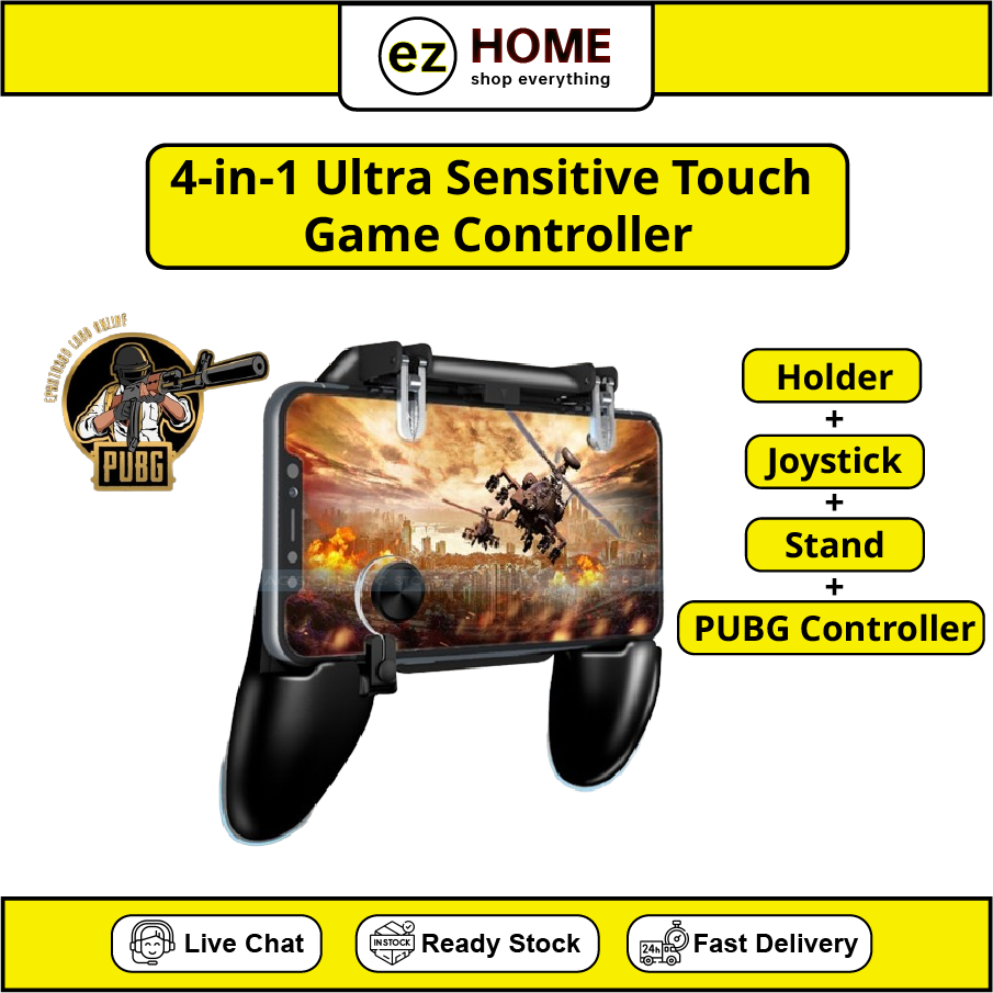 4in1 Ultra Sensitive Touch Game Controller with Holder + Joystick + Stand + PUBG Controller