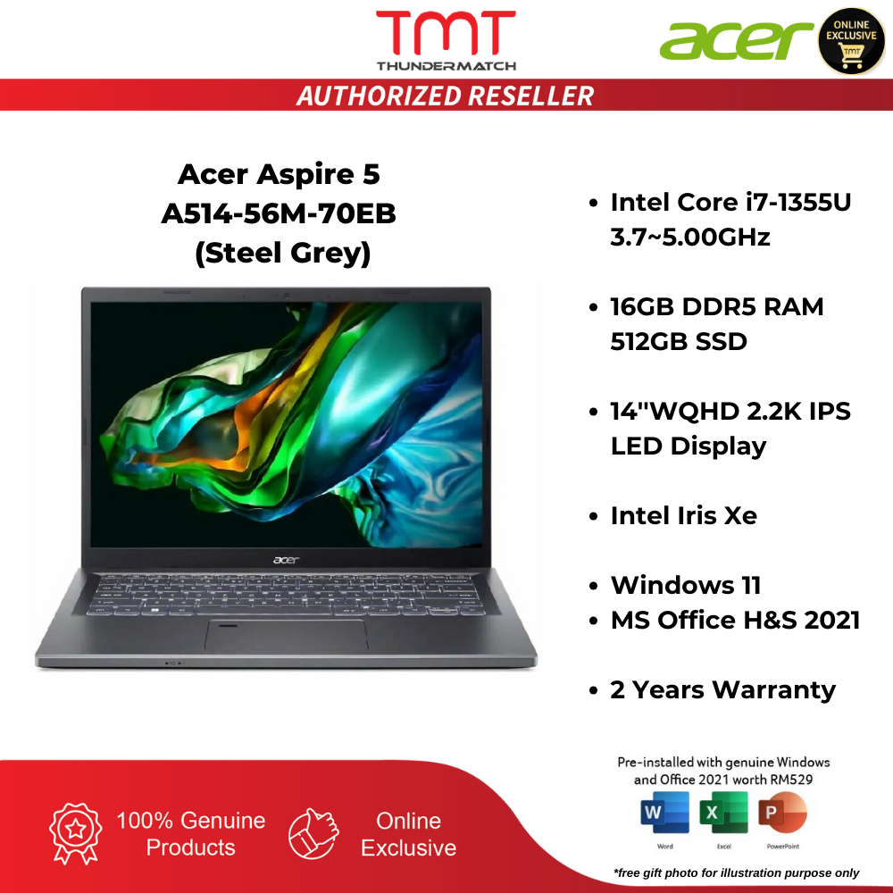 Acer Aspire 5 A514-56M-70EB Laptop (Steel Grey) | i7-1355U | 16GB RAM ...