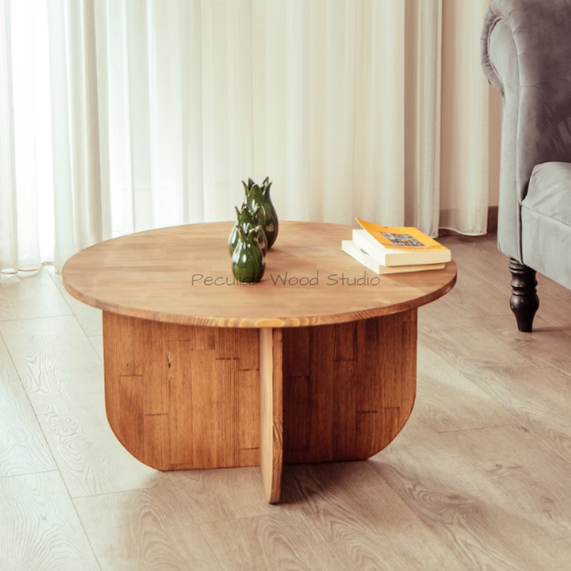 Peculiar Wood Modern Minimalist Round Center Coffee Table for Living