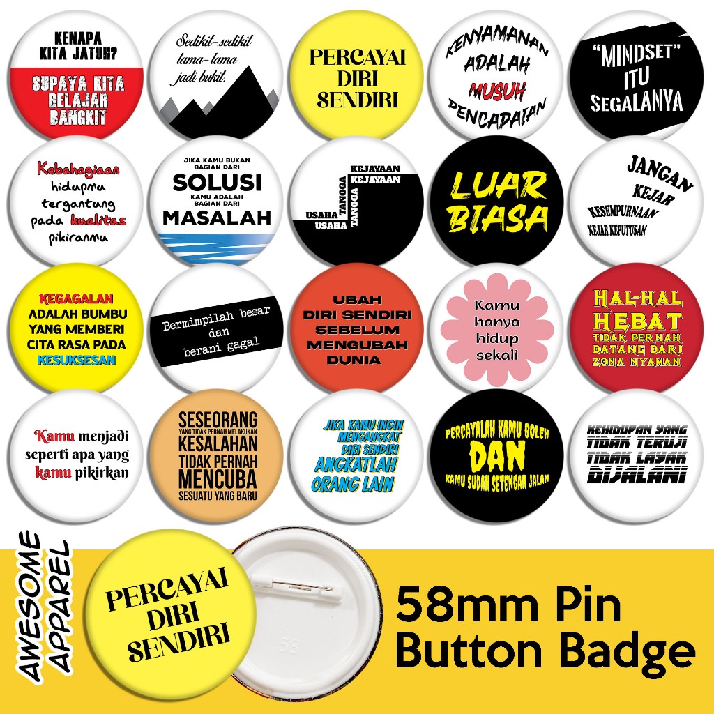 Kata Motivasi Designs 58mm 44mm Button Badge with Pin (Y216-Y235 ...