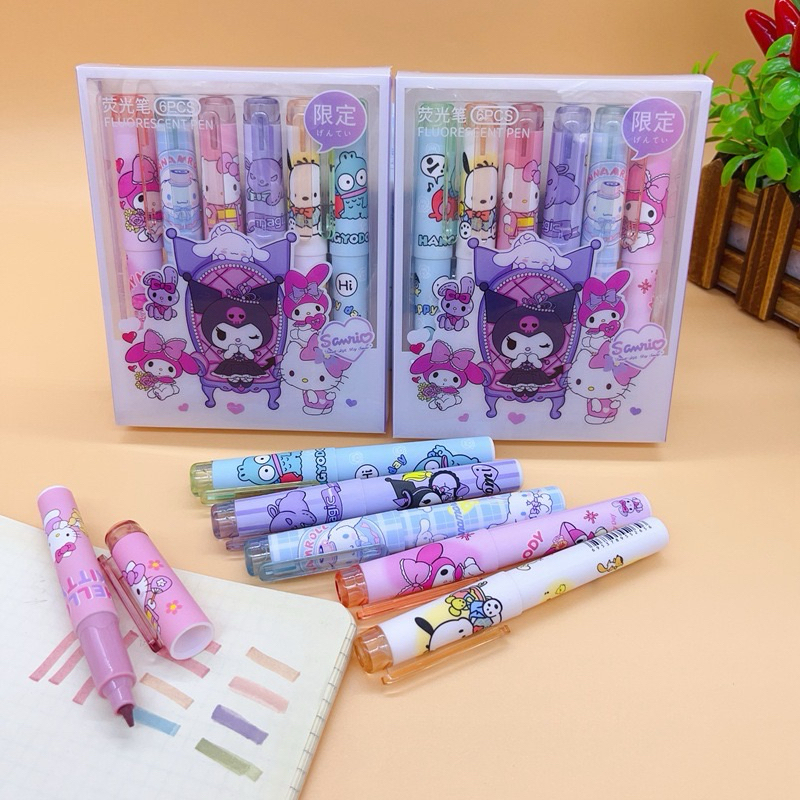 1pack 6 pcs Sanrio design Highlighters pen melody Kuromi Cinnamoroll ...