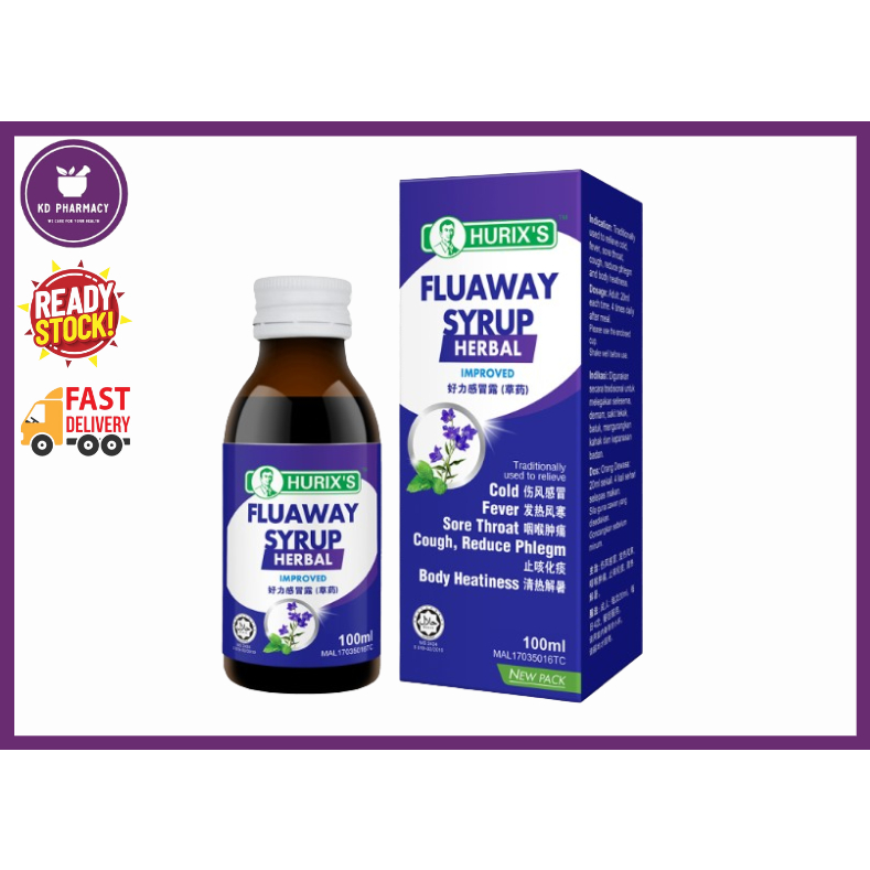 HURIX'S Fluaway Herbal Syrup 100ml / For Relief of Cold / Fever / Sore Throat / Cough / Phlegm