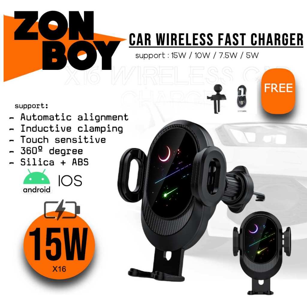 ZONBOY X16 Qi Wireless Car Charger 15W Phone Holder Chargers Stand Tanpa  Pengecas Kereta Fast Charging Accessories