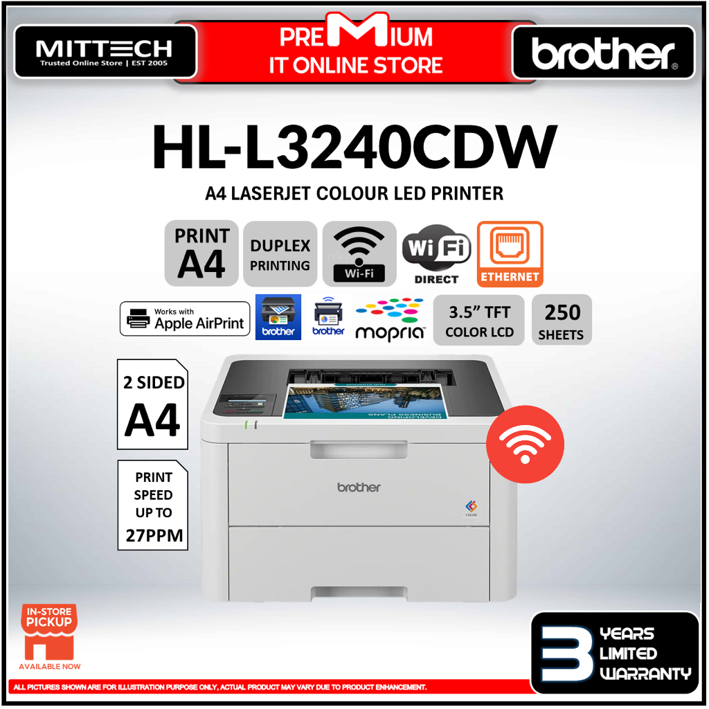 Brother Colour LED Laserjet Printer HLL3240CDW A4 Wireless Auto 2