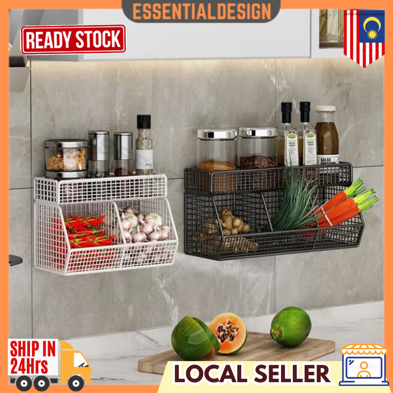 Kitchen Storage Rack 3 Grids Seasoning Rack Wall-Mounted Onion Ginger ...