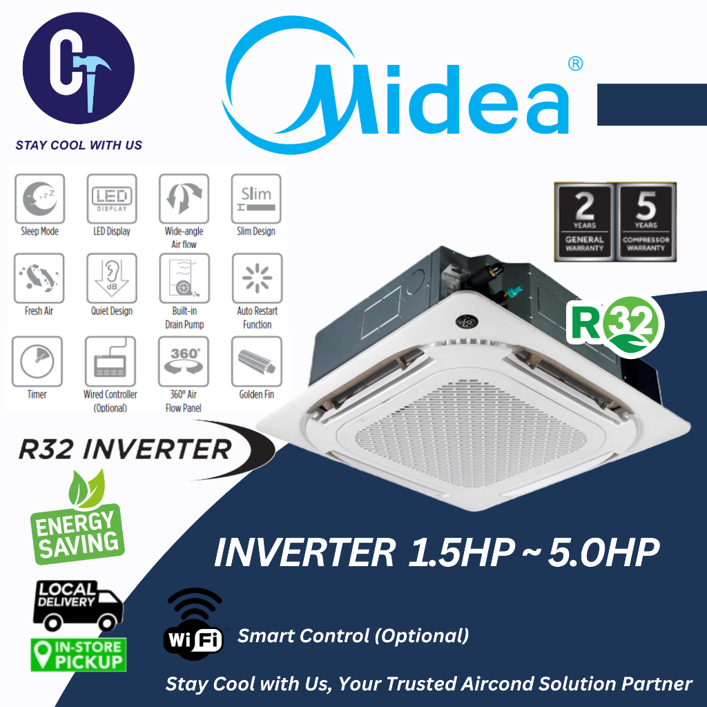 MIDEA NEW R32 SERIES CEILING CASSETTE AIR CONDITIONER INVERTER / NON ...